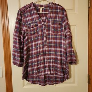 Matilda Jane All Day Millie Popover Top Womens Sz Med Plaid 3/4 Sleeve Buttons
